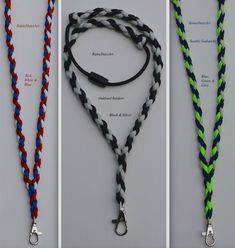 three different colored lanyards with metal hooks