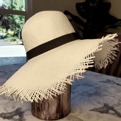 This Hat Is So Adorable! Square Woven With Frayed Edges! Ribbon Decorates Inner Circumference. 17" Brim To Brim. 7" Head Round. White Adjustable Panama Hat Casual Style, Casual Adjustable White Panama Hat, Casual White Adjustable Panama Hat, Casual White Panama Hat With Short Brim, Casual White Flat Brim Fedora, Lightweight White Fedora With Short Brim, White Fedora Sun Hat, Casual Style, White Fedora Sun Hat For Casual Wear, White Adjustable Casual Straw Hat