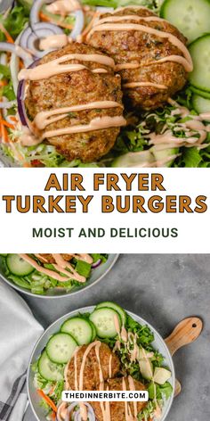 air fryer turkey burgers on a plate with cucumbers