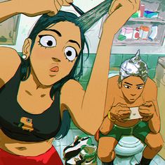 an animated image of two women in the bathroom brushing their hair and looking at cell phones