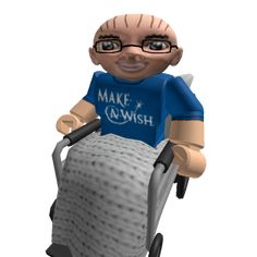 a cartoon character pushing a wheel chair with a blanket on it's back and smiling