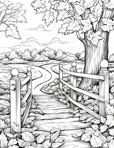 a black and white drawing of a path leading to a tree with leaves on it