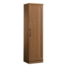 a tall wooden cabinet with an open door on the front and bottom shelf in brown