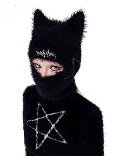 Pentagram Black Cat Ears Design Plush Hat Black Balaclava, Black Cat Ears, Punk Aesthetics, Plush Hat, Arcana Archive, Black F, Cat Hoodie, Cat Ear, Cat Hat