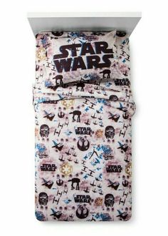 star wars bedding set in pink and blue with black lettering on the bottom half