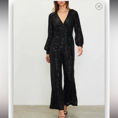 Skies Are Blue Womens Black Sequined Long Sleeve Jumpsuit Chic Winter Evening Jumpsuits And Rompers, Elegant Jumpsuits And Rompers For Night Out In Winter, Long Sleeve Jumpsuits And Rompers For Cocktail Parties, Chic Evening Jumpsuits And Rompers For Winter, Long Sleeve Jumpsuit For Cocktail Party, Sequined Jumpsuits And Rompers For Evening In Fall, V-neck Jumpsuits And Rompers For Night Out In Winter, V-neck Jumpsuits And Rompers For Winter Party, Black Overalls For Party