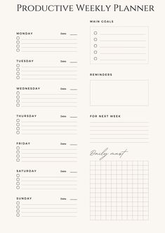 the printable weekly planner is shown in black and white