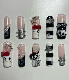 Emo Hello Kitty, Unghie Nail Art, Kitty Nails, Hello Kitty Nails, Dope Nail Designs, Y2k Nails