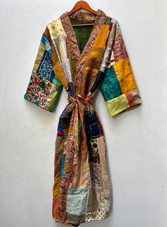 Handmade Silk Kimono, Multi Patchwork Kimono, Women Silk Bathrobe, Night Robe, Gift For Her Beautiful Dressing Gown, Silk Patchwork Kimono This gown is luxury Indian Silk, a beautiful soft, elegant and sensual fabric, which drapes beautifully over the body. These robes are the perfect present for a loved one or for yourself. The fabric is so luxurious and beautiful. Great to wear around the house or to dress up with jewellery or with some jeans & a t-shirt to go out. NOTE : This is vintage patch Multicolor Long Sleeve Dresses For Home, Vintage Multicolor Patchwork Kimono, Silk Bathrobe, Silk Patchwork, Kimono Women, Patchwork Kimono, Vintage Patches, Pajama Robe, Womens Robes