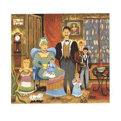 a painting of a family in their living room with two children and an adult standing next to them