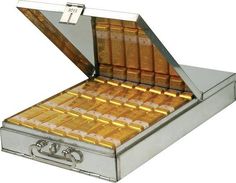 an open metal box filled with gold bars