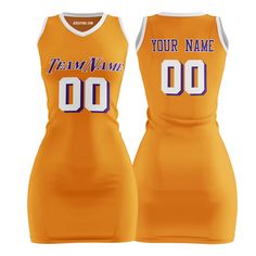 Shop custom gold and purple basketball jersey dress for women and girls at Jersey One. The jersey dresses are made from durable, quick-dry, and breathable polyester fabric, they are perfect for daily, parties or outfitting your team. Embroidered Tracking Twill The team name, player name, and player number are embroidered, making the jersey durable, breathable, and stylish. Design Your Own You can also customize the design of our basketball jersey dress template. For example, you can change the f Gold Basketball Jersey, Purple Basketball Jersey, Basketball Jersey Dress, Basketball Dress, Dress Template, Dress Templates, Purple Basketball, Gold Basketball, Basketball Uniforms Design