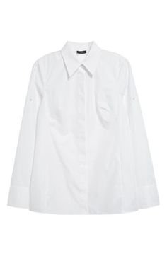 Silk-softened cotton poplin brings elegant ease to this button-up tunic designed with roll-tab cuffs, a point collar and martingale for an array of looks and fits. 28" front length; 29 1/2" back length (size 8) Hidden-button placket Point collar Long sleeves with roll-tab cuffs Martingale 78% cotton, 22% silk Dry clean Imported Designer Clothing White Blouse With Concealed Placket For Office, White Blouse With Concealed Placket And Fold-down Collar, Chic White Blouse With Concealed Placket, Designer White Dress Shirt For Work, Classic White Blouse With Concealed Placket, Classic White Blouse With Hidden Buttons, Timeless Office Blouse With Placket, Classic White Blouse With Hidden Button Closure, Classic Blouse With Lapel Collar And Buttons