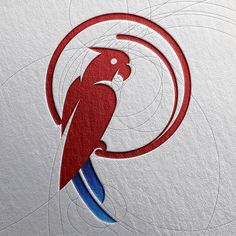 a red parrot sitting on top of a white circle with a blue stripe around it