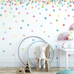 Wall Decals 121 Mini 2 inch Sorbet Pastel Confetti Polka Dot Fabric Wall Stickers Removable, Reusable, Repositionable - Wall Dressed Up Playroom Polka Dot Wall, Polka Dot Wall Mural, Dot Decals On Wall, Paint Dots On Wall, Playroom Wall Stickers, Polka Dot Room Decor Girls Bedroom, Polka Dot Accent Wall, Rainbow Polka Dot Wall, Rainbow Kids Bedroom