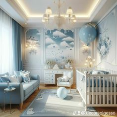 a baby's room decorated in blue and white with balloons hanging from the ceiling