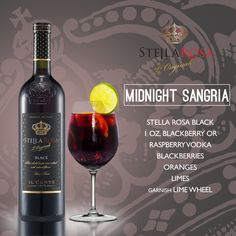 a bottle of wine next to a glass with a lemon slice on it and the words midnight sangria