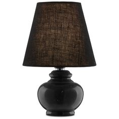 a black table lamp with a brown shade on the base and a dark fabric shade on the top