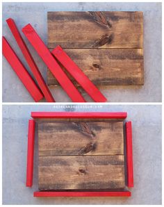 two pictures side by side showing how to make a wooden frame with red paint and wood shavings