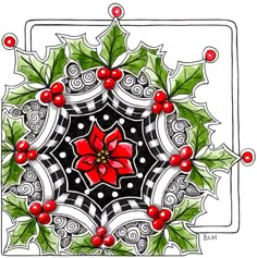 a drawing of holly and red berries on a black and white background with swirls