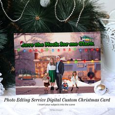 a christmas card with an image of two people and a child