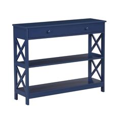 a blue wooden shelf with two drawers