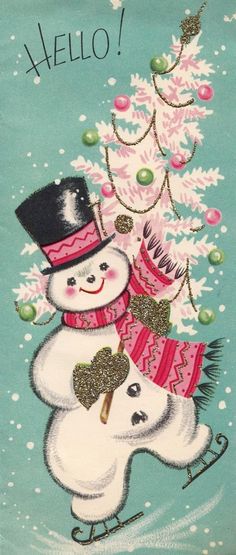 a card with a snowman holding a christmas tree