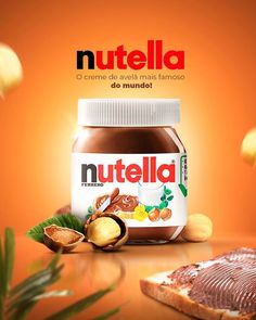 nutella ad with bread and nuts on an orange background, featuring the words nutella written in spanish