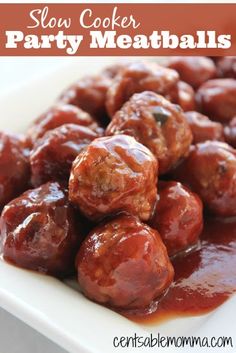 slow cooker party meatballs on a white plate