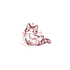 a drawing of a cat laying down on its back with hearts flying around it's neck