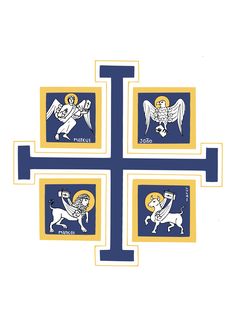 four blue and yellow crosses with an angel on one side, the third is holding a horse