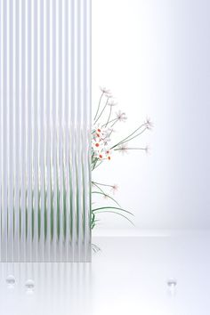 a vase filled with white flowers next to a tall glass wall covered in vertical slats