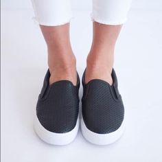 Black Slip Ons Sooo Comfy And Such An Adorable Casual Sneaker! Per Our Customer Base These Run At Least A Half Size Big. Black Sneakers With Perforations For Spring, Black Perforated Sneakers For Spring, Trendy Black Sneakers With Perforations, Casual Black Everyday Sneakers, Trendy Black Sneakers With Perforated Toe Box, On Sneakers, Black Slip Ons, Slip On Sneakers, Slip Ons