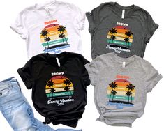 three t - shirts with palm trees and the words brown on them are shown in four different colors