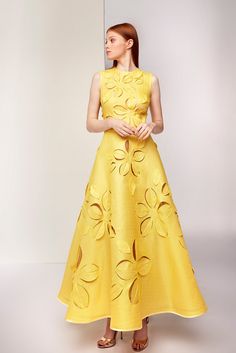 Cut out floral motif A line dress - HerTrove Isabel Sanchis, Dress With Cutouts, Dress Name, Prom 2024, Yellow Dresses, Printed Gowns, Groom Outfit, Tea Length Dresses, Gowns With Sleeves