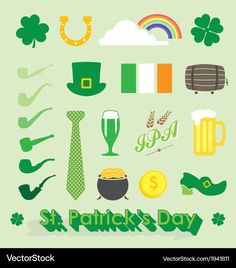 st patrick's day icons and symbols on green background