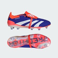 a pair of blue and orange soccer shoes with the word sked up on them