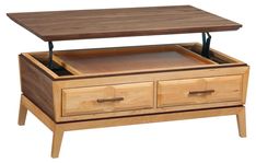 a wooden coffee table with two drawers and an open drawer on the bottom one side