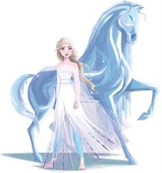 a drawing of a girl in a white dress standing next to a blue unicorn horse