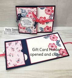 gift card holder open and closed with flowers on the front, red ribbon around the bottom