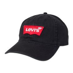 The Men's Baseball Hat from Levi's is the ultimate versatile accessory. Featuring the iconic Levi's red batwing logo and traditional curved brim, this hat is perfect for laid-back days or active outings. Classic design details include a six-panel construction and an adjustable strap to ensure a comfortable and secure fit. Pair with your jeans and a t-shirt or athleisure for effortless casual style. Black Hat With Logo And Curved Brim, Classic Visor Hat With Logo Patch, Casual Flat Bill Hat With Logo, Classic Hat With Logo Patch For Baseball Season, Casual Baseball Cap With Logo And Flat Bill, Casual Adjustable Trucker Hat With Logo, Casual Flat Bill Baseball Cap With Logo, Casual Trucker Hat With Logo And Curved Bill, Casual Trucker Hat With Logo And Curved Visor