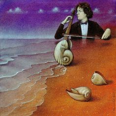 a painting of a man playing an instrument on the beach with sea shells in front of him