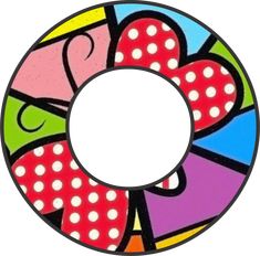 a colorful circle with polka dots and hearts painted on the inside, as if it were an abstract painting