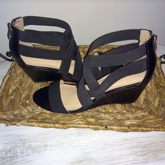 Well-Made Liz Claiborne Women's Shoes Comfortable Wedge-Design Black Elastic Ease On Top Gold Metallic Zipper In Back New Without Tags: Excellent Condition Size 7.5 Black Wedge Heel Sandals Medium Width, Black Medium Width Wedge Heel Sandals, Black Closed Toe Wedge Sandals Medium Width, Black Synthetic Wedge Sandals With Stacked Heel, Black Synthetic Medium Width Wedge Sandals, Black Synthetic Wedge Sandals With Buckle Closure, Black Closed Toe Wedge Sandals With Cork-bed Midsoles, Black Wedge Sandals With 4-inch Heel For Summer, Black Wedge Sandals With Cork-bed Midsoles