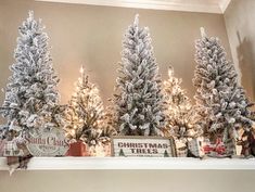 christmas trees are lined up on the mantle