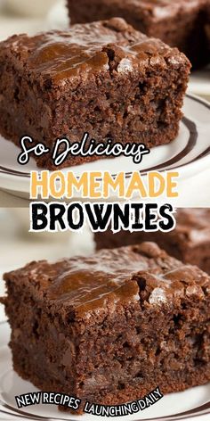 chocolate brownies with caramel drizzle on top and the words so delicious homemade brownies