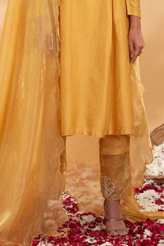 Yellow straight kurta with side kalis and placement floral embroidery. Paired with a pant with embroidered hem and dupatta. - Aza Fashions Unstitched Bottoms With Zari Work For Wedding, Chanderi Pants For Wedding And Eid, Elegant Bottoms With Dupatta For Eid, Anarkali Style Wedding Pants With Resham Embroidery, Anarkali Bottoms With Resham Embroidery For Wedding, Dabka Work Pants For Wedding And Eid, Wedding Pants With Dabka Work For Eid, Eid Wedding Pants With Dabka Work, Embroidered Silk Pants For Wedding