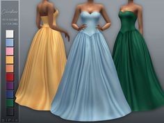 three dresses are shown in different colors