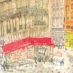 this is an image of a drawing of a red awning in front of buildings