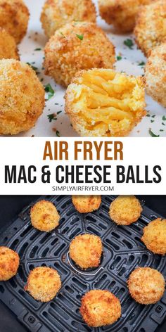 air fryer macaroni and cheese balls with text overlay that says air fryer macaroni and cheese balls